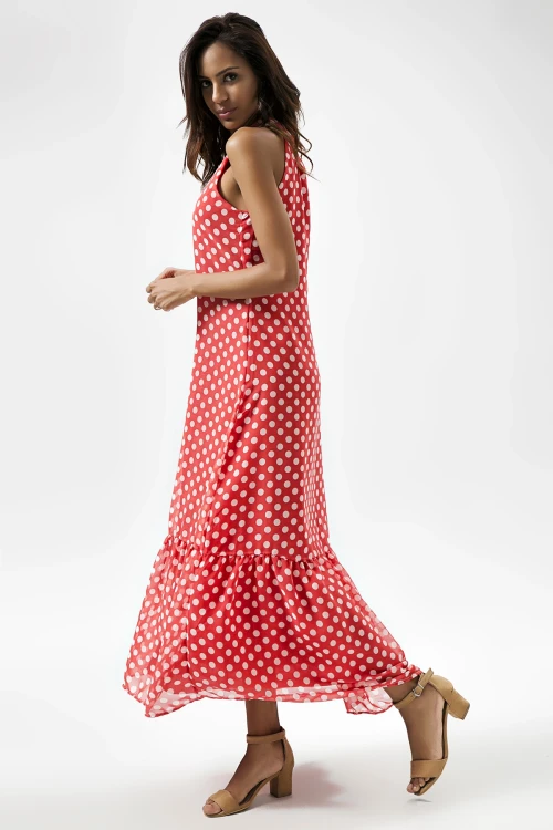 Kırmızı Halter Yaka Puantiyeli Kolsuz Uzun Elbise BCBSK-25650-2327