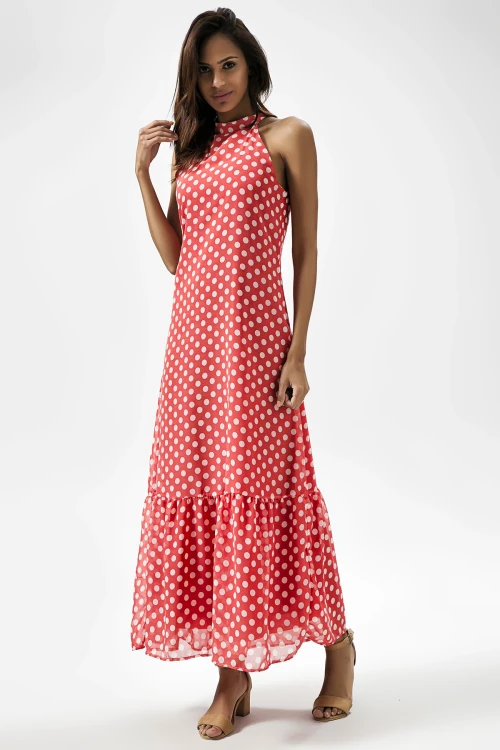 Kırmızı Halter Yaka Puantiyeli Kolsuz Uzun Elbise BCBSK-25650-2327