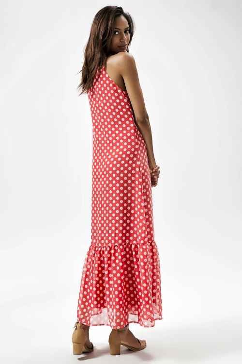Kırmızı Halter Yaka Puantiyeli Kolsuz Uzun Elbise BCBSK-25650-2327