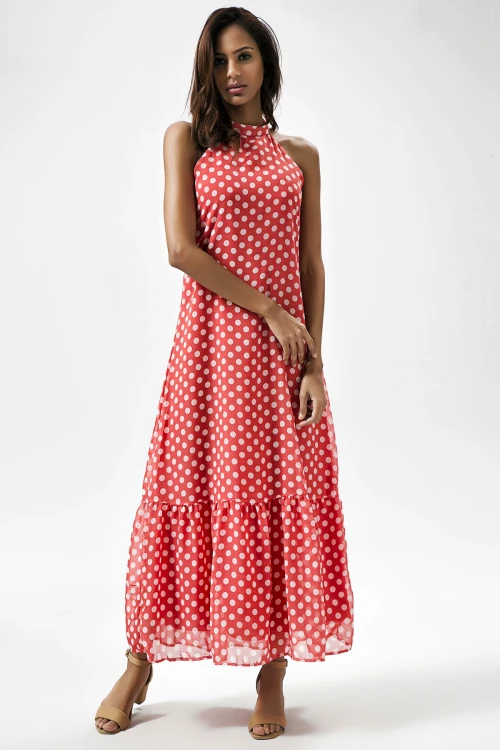 Kırmızı Halter Yaka Puantiyeli Kolsuz Uzun Elbise BCBSK-25650-2327