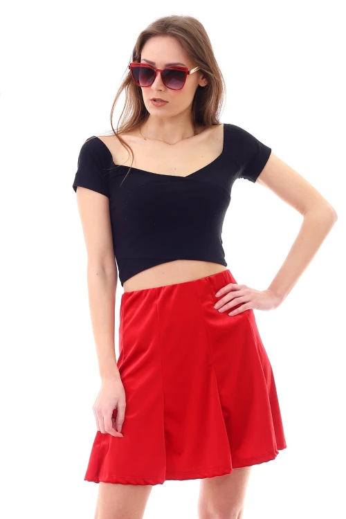 Kırmızı Parçalı Lastikli Kısa Kadife Etek CO-259474746