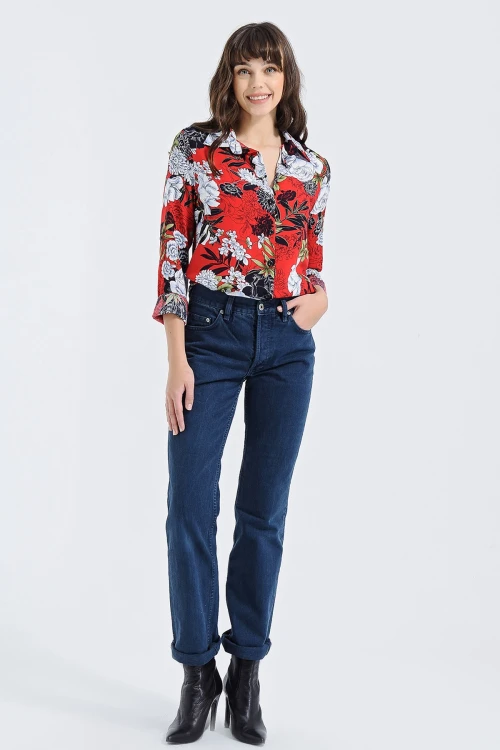 Kırmızı Uzun Kollu Düğmeli Oversize Gömlek BCBSK-25700-2711