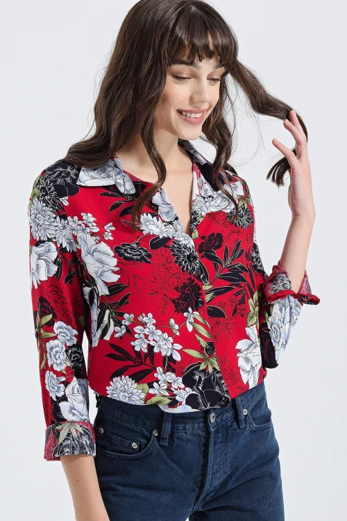 Kırmızı Uzun Kollu Düğmeli Oversize Gömlek BCBSK-25700-2711