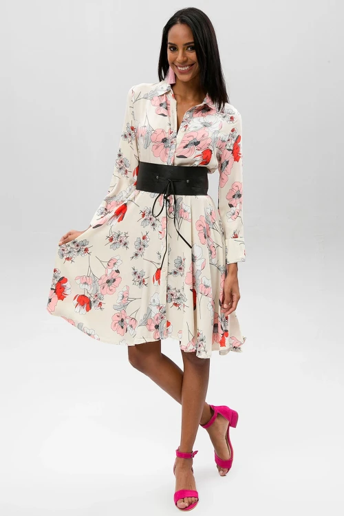 Krem Çiçek Desenli Hafif Dokulu Gömlek Elbise BCBSK-25650-2164