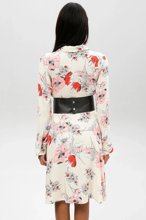 Krem Çiçek Desenli Hafif Dokulu Gömlek Elbise BCBSK-25650-2164
