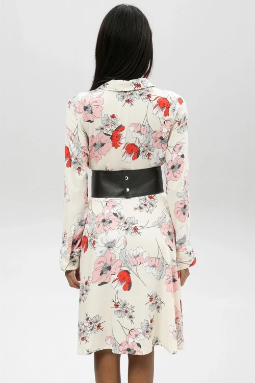 Krem Çiçek Desenli Hafif Dokulu Gömlek Elbise BCBSK-25650-2164