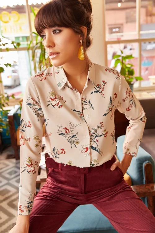 Krem Desenli Uzun Kol Gömlek BCBSK-25700-K4927
