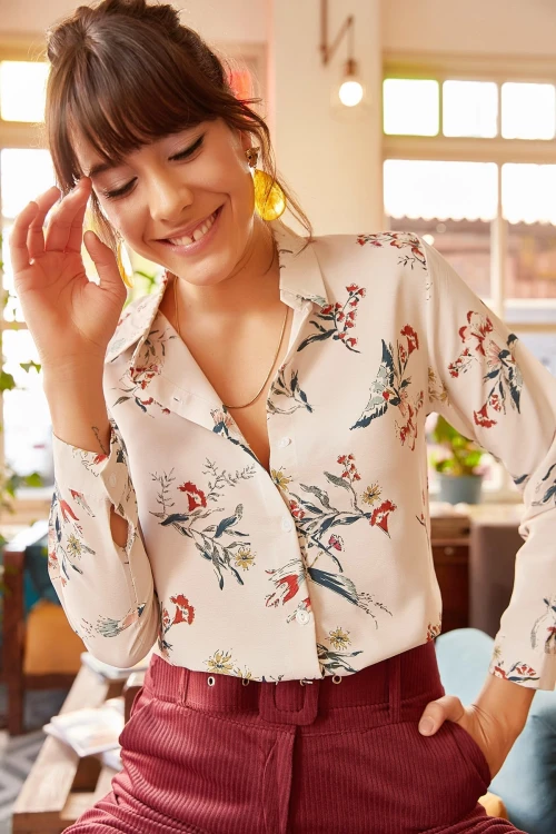 Krem Desenli Uzun Kol Gömlek BCBSK-25700-K4927