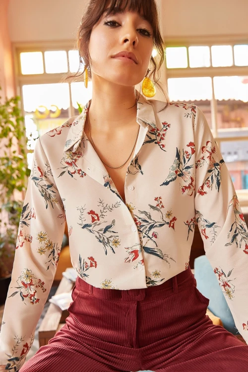 Krem Desenli Uzun Kol Gömlek BCBSK-25700-K4927