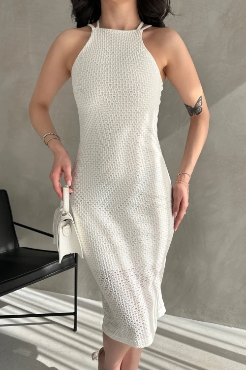 Krem Halter Yaka Sırtı Çapraz Bant Detaylı Triko Elbise BCDF-241067