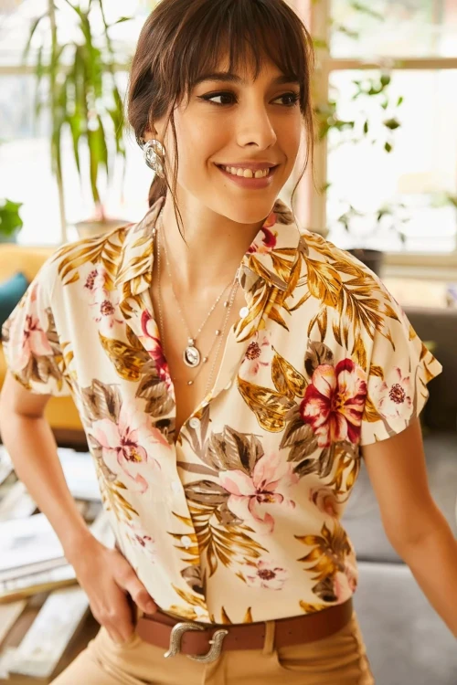 Krem Kısa Kol Dokuma Gömlek BCBSK-25700-K5297