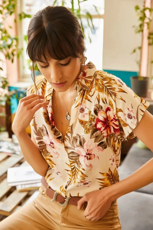 Krem Kısa Kol Dokuma Gömlek BCBSK-25700-K5297