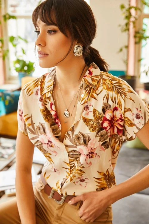 Krem Kısa Kol Dokuma Gömlek BCBSK-25700-K5297