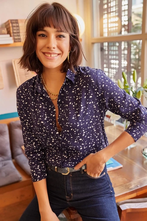 Lacivert Desenli Uzun Kol Viscon Gömlek BCBSK-25700-K4922