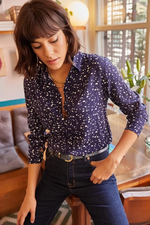 Lacivert Desenli Uzun Kol Viscon Gömlek BCBSK-25700-K4922