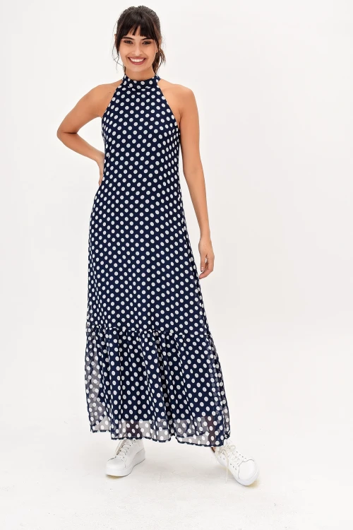 Lacivert Halter Yaka Puantiyeli Kolsuz Uzun Elbise BCBSK-25650-2327