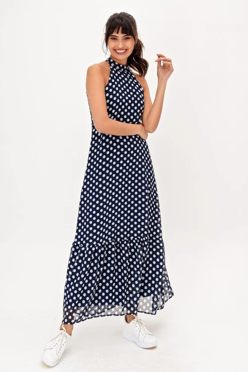 Lacivert Halter Yaka Puantiyeli Kolsuz Uzun Elbise BCBSK-25650-2327