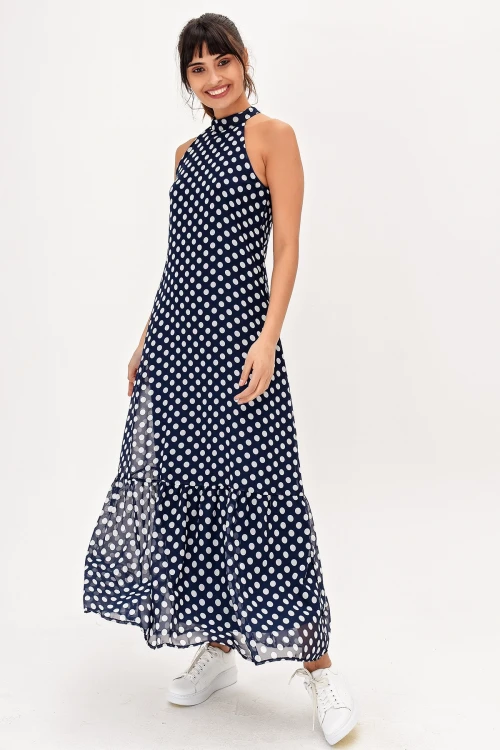 Lacivert Halter Yaka Puantiyeli Kolsuz Uzun Elbise BCBSK-25650-2327