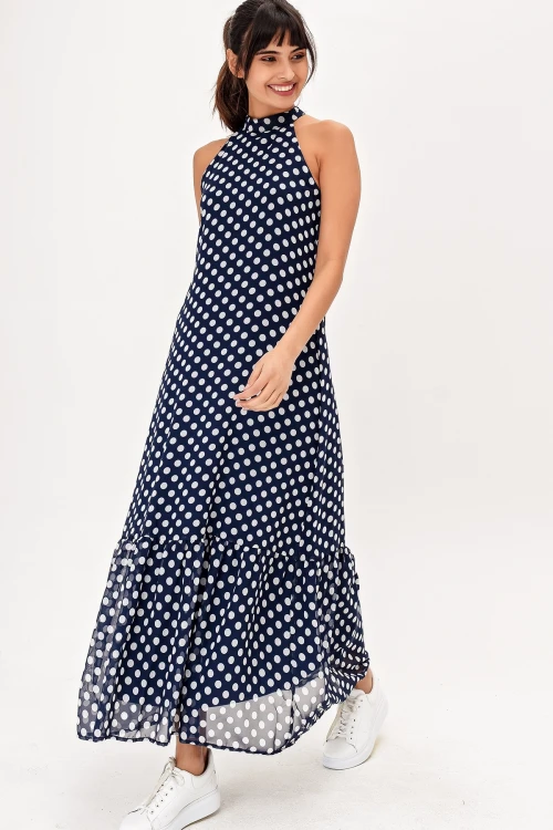 Lacivert Halter Yaka Puantiyeli Kolsuz Uzun Elbise BCBSK-25650-2327
