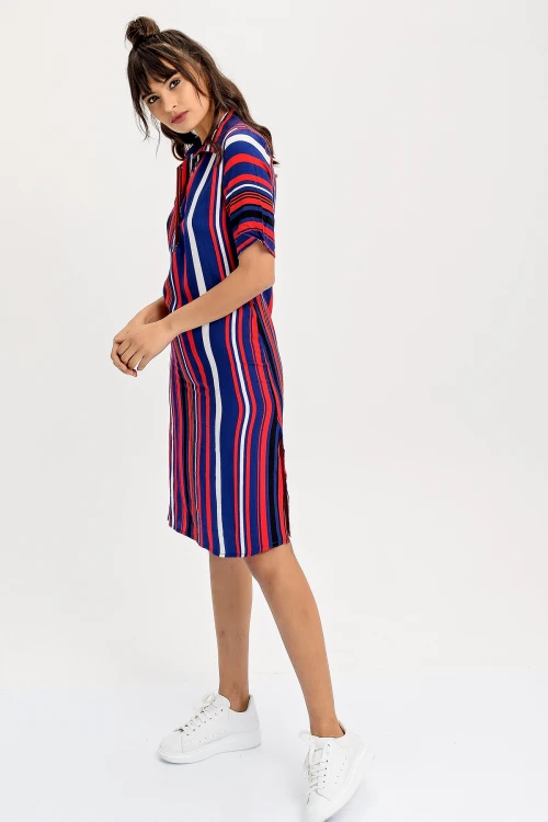 Lacivert Kırmızı Kendinden Kemerli Yanı Yırtmaçlı Gömlek Elbise BCBSK-25650-2244