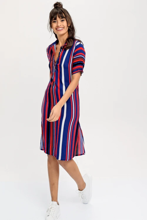 Lacivert Kırmızı Kendinden Kemerli Yanı Yırtmaçlı Gömlek Elbise BCBSK-25650-2244