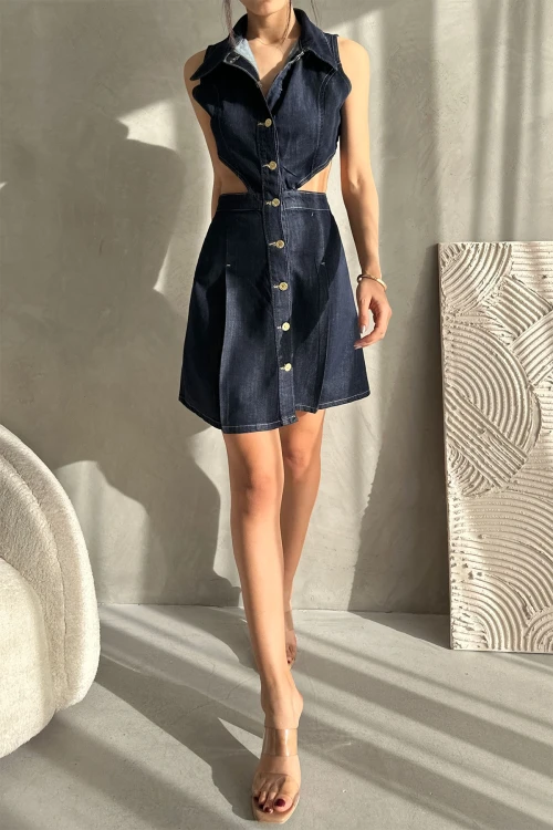 Lacivert Kolsuz Bel Dekolteli Özel Tasarım Jean Elbise