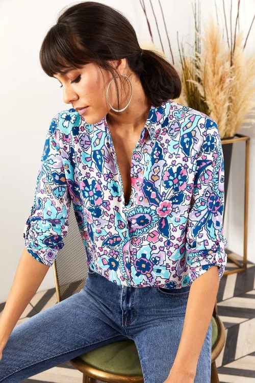 Mavi Desenli Uzun Kol Gömlek BCBSK-25700-K6125