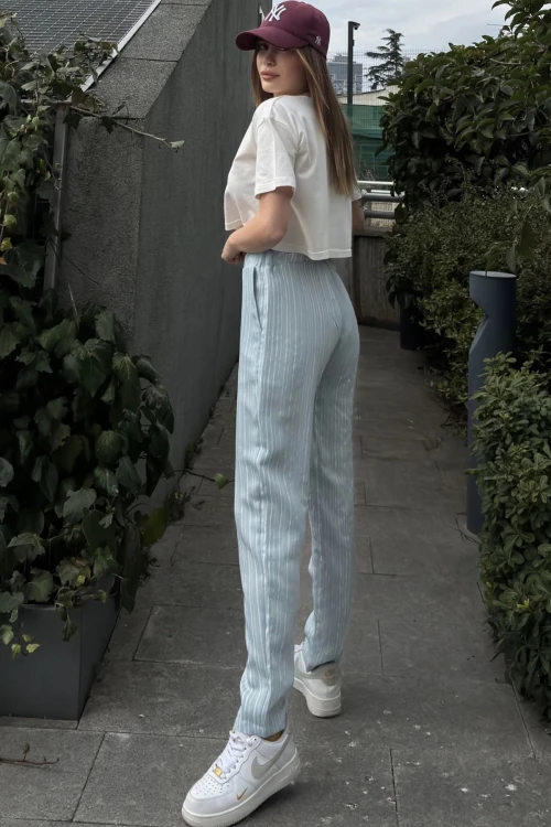 Mavi Duble Paça Çizgili Dokulu Pantolon BCBSK-25700-3277