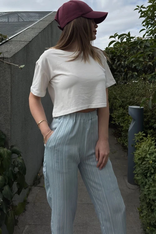 Mavi Duble Paça Çizgili Dokulu Pantolon BCBSK-25700-3277