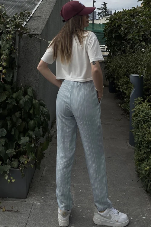 Mavi Duble Paça Çizgili Dokulu Pantolon BCBSK-25700-3277