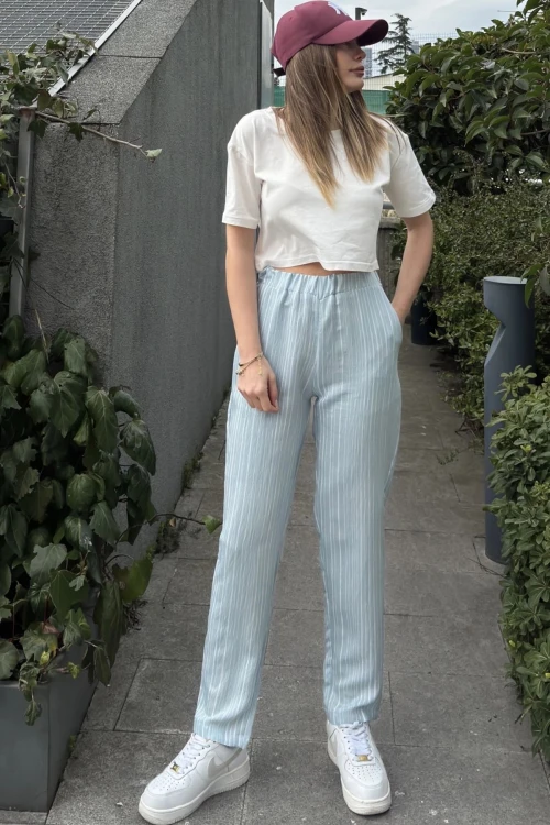 Mavi Duble Paça Çizgili Dokulu Pantolon BCBSK-25700-3277