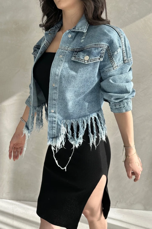 Mavi Püskül Ve Eskitme Detaylı Yazlık Denim Jean Ceket BCDF-255418