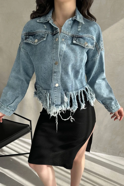 Mavi Püskül Ve Eskitme Detaylı Yazlık Denim Jean Ceket BCDF-255418