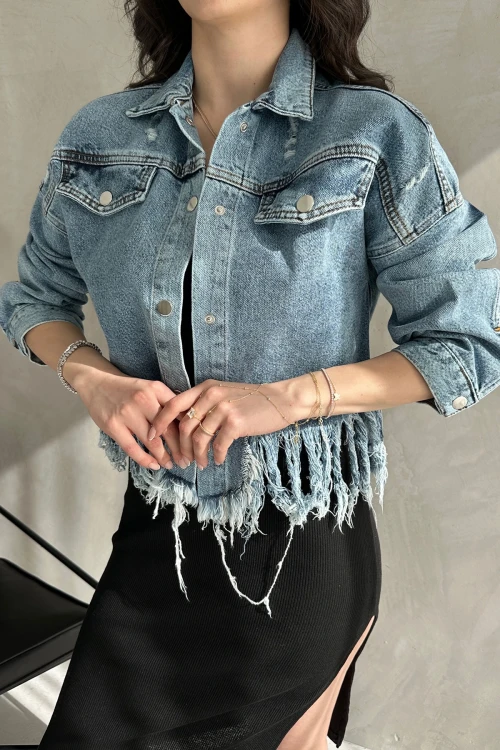 Mavi Püskül Ve Eskitme Detaylı Yazlık Denim Jean Ceket BCDF-255418