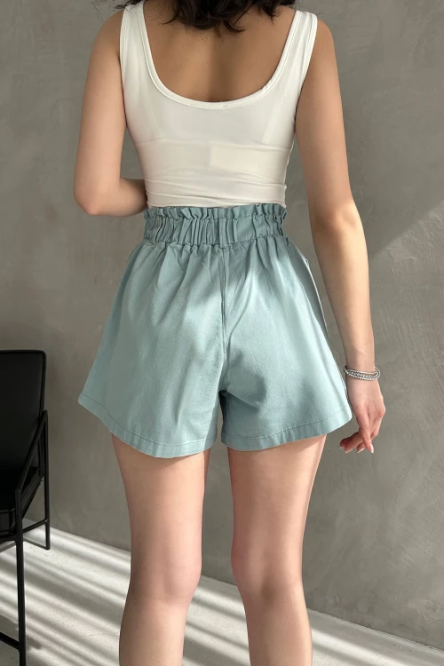 Mavi Rahat Kesim Beli Büzgülü Cepli Şort BCDF-233304