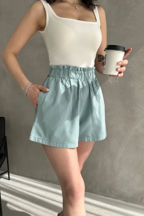 Mavi Rahat Kesim Beli Büzgülü Cepli Şort BCDF-233304