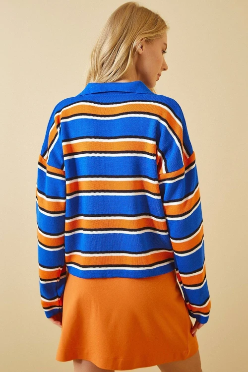 Mavi V Yaka Çizgili Triko Kazak BCBSK-25700-K7259