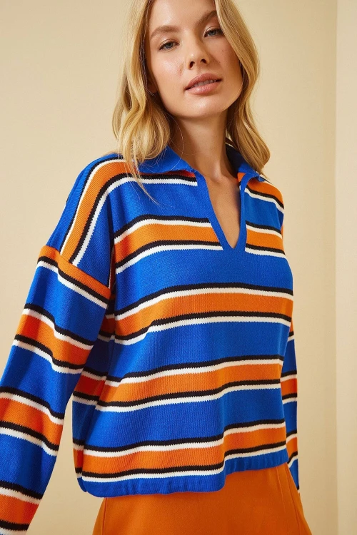 Mavi V Yaka Çizgili Triko Kazak BCBSK-25700-K7259