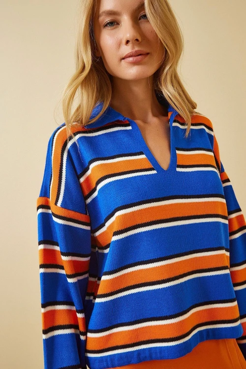 Mavi V Yaka Çizgili Triko Kazak BCBSK-25700-K7259