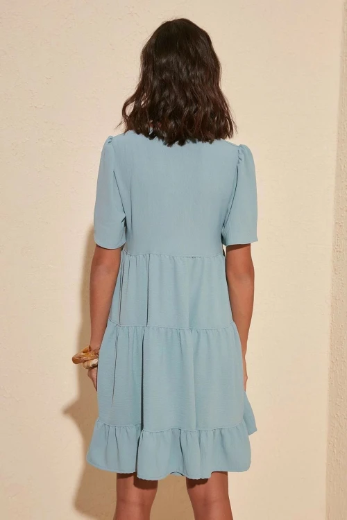 Mavi V Yaka Kat Kat Volanlı Kısa Kol Elbise BCBSK-25700-K5137