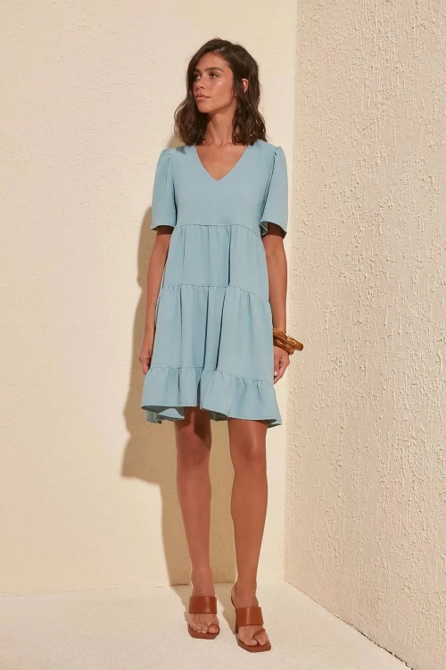 Mavi V Yaka Kat Kat Volanlı Kısa Kol Elbise BCBSK-25700-K5137