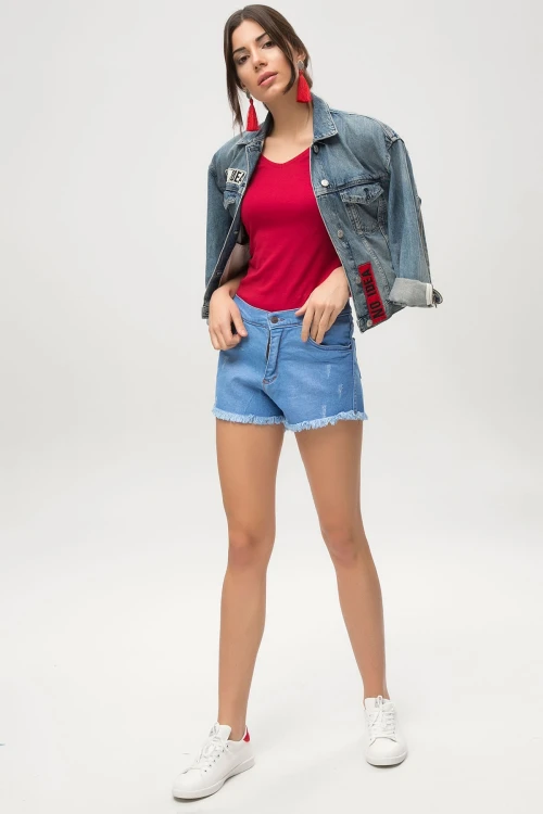 Mavi Yazlık Paçası Püsküllü Kot Şort BCBSK-25650-202