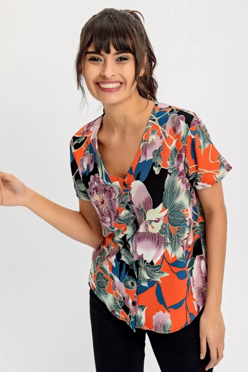 Mor Çiçekli V Yaka Desenli Bluz BCBSK-25700-H5030