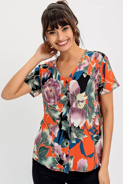 Mor Çiçekli V Yaka Desenli Bluz BCBSK-25700-H5030