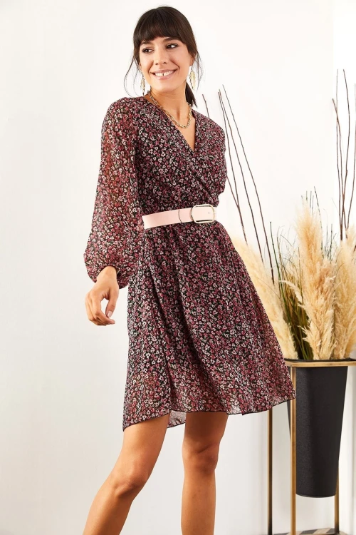 Multi Kruvaze Yaka Desenli Elbise BCBSK-25700-K6158