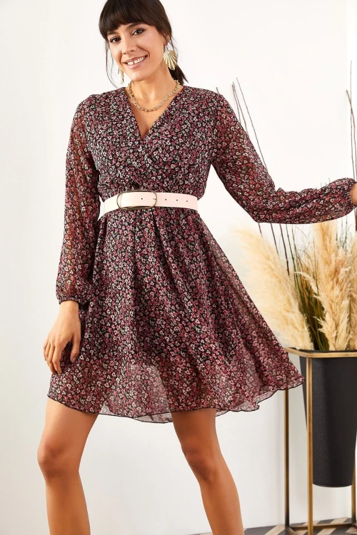 Multi Kruvaze Yaka Desenli Elbise BCBSK-25700-K6158