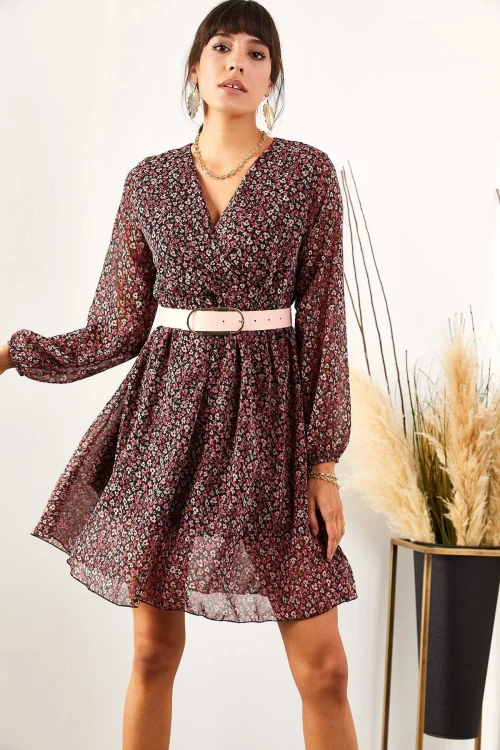 Multi Kruvaze Yaka Desenli Elbise BCBSK-25700-K6158