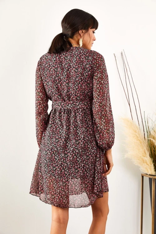 Multi Kruvaze Yaka Desenli Elbise BCBSK-25700-K6158