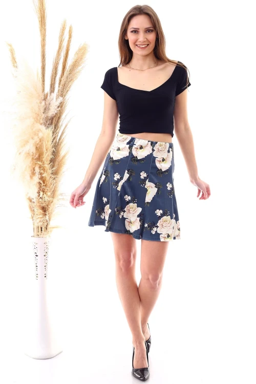 Petrol Parçalı Lastikli Kısa Kadife Etek CO-259474746