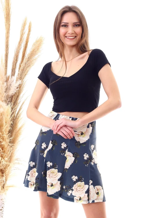 Petrol Parçalı Lastikli Kısa Kadife Etek CO-259474746